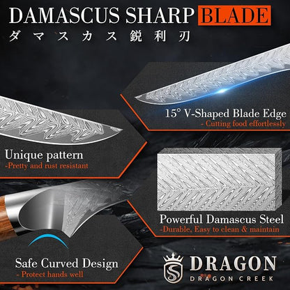Dragon Creek Damascus Deboning Boning Knife for Meat Cutting Slicing Trimming Fish Fillet Knife Birthday Gift for Mom or Dad 5.5" Stainless Steel