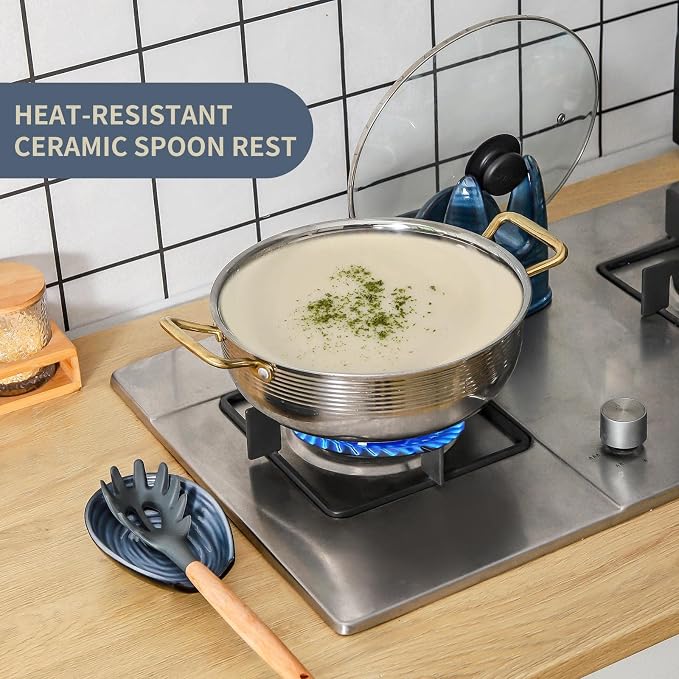 Hasense Spoon Rest for Stove Top and Kitchen Countertop, Large Heat-resistant Spoon Holder for Spatula Ladles Tongs, Farmhouse Cooking Utensil Rest for Home Kitchen Decor, Grey and Blue, 1 PC