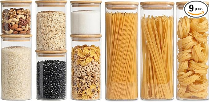 Airtight Glass Storage Containers with Lids Set, 9 Pack Pantry and Pasta Storage Containers 25/37/51/78oz, Square Kitchen Canister Set for Flour Sugar Rice, Cereal Beans Oats Spaghetti Pasta