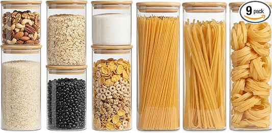 Airtight Glass Storage Containers with Lids Set, 9 Pack Pantry and Pasta Storage Containers 25/37/51/78oz, Square Kitchen Canister Set for Flour Sugar Rice, Cereal Beans Oats Spaghetti Pasta