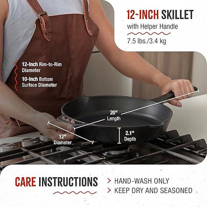 Victoria 12-Inch Cast Iron Skillet Set with Tempered Glass Lid, Large Handle Cover, and Pan Scraper