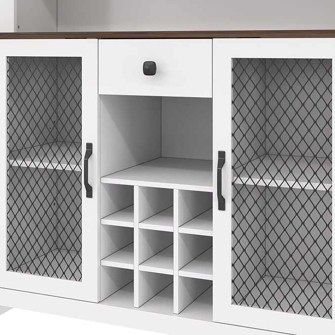 VilroCaz 70.9" Tall Farmhouse Kitchen Pantry Buffet Cabinet with Doors, Drawer and Shelves Wine Rack, Wooden Kitchen Hutch Cabinet with LED Outlets for Dining Room (White-R)