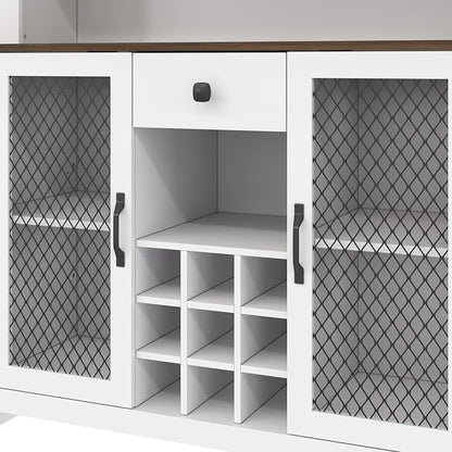 VilroCaz 70.9" Tall Farmhouse Kitchen Pantry Buffet Cabinet with Doors, Drawer and Shelves Wine Rack, Wooden Kitchen Hutch Cabinet with LED Outlets for Dining Room (White-R)