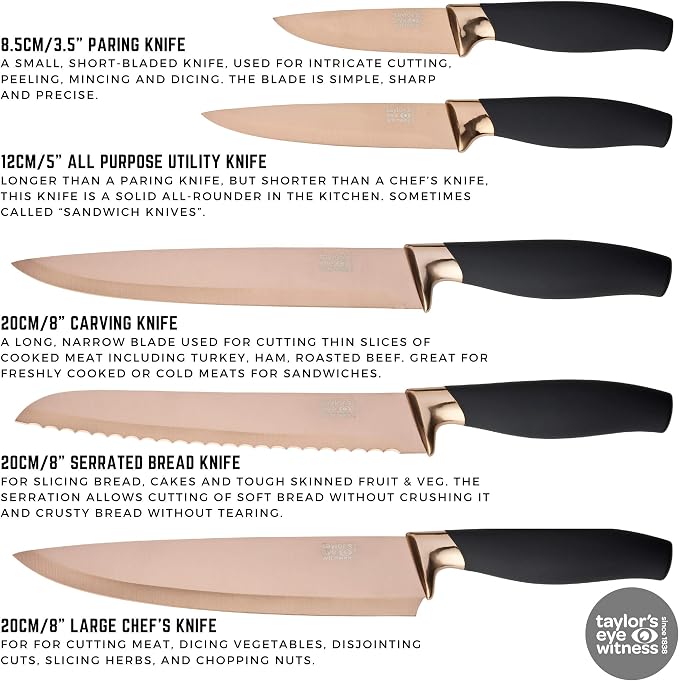 Taylors Eye Witness 5pc Kitchen Knife Gift Set - Brooklyn Rose Gold Colored Bolsters, Matching Razor Sharp Titanium Coated Blades. Soft Grip Handles. 2yr Peace of Mind. Extra Sharpener for Knives