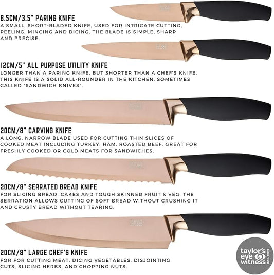 Taylors Eye Witness 5pc Kitchen Knife Gift Set - Brooklyn Rose Gold Colored Bolsters, Matching Razor Sharp Titanium Coated Blades. Soft Grip Handles. 2yr Peace of Mind. Extra Sharpener for Knives