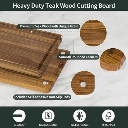 Teak Cutting Board for Kitchen, Teak Wood Chopping Boards with Juice Groove & Handles 16 Inch Wooden Hardwood Cutting Board Heavy Duty Butcher Block for Cooking and Serving