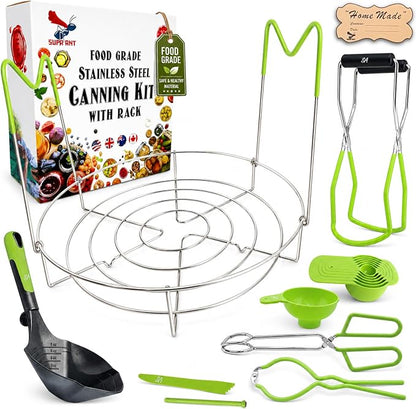 Supa Ant Complete Canning Starter Kit – 10pc Food-Grade Steel Set with XL Ladle, 6 Measuring Cups, Jar Lifter, Wide Mouth Funnel, Canning Rack (7-Jar Capacity) & 90 Labels –Beginner-Friendly, Green