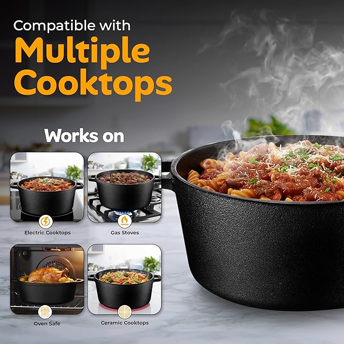 KICHLY Cast Iron Dutch Oven with Dual Purpose Skillet Lid, 5.QT Cast Iron Pot with 10.6 in Griddle Pan, Pre-Seasoned Heavy Duty Pot for Bread Baking, Roasting, Braising & Outdoor Camping Cooking, Black