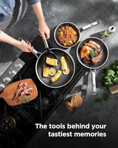 Nonstick Frying Pan Set with 2 Lid, Non-Toxic Tri-Ply Hybrid Ceramic Skillet 3 Piece, 8, 10 & 12 Inch Stainless Steel Pans, PFAS/PFOA/PTFE Free, Dishwasher & Oven Safe, Induction Compatible