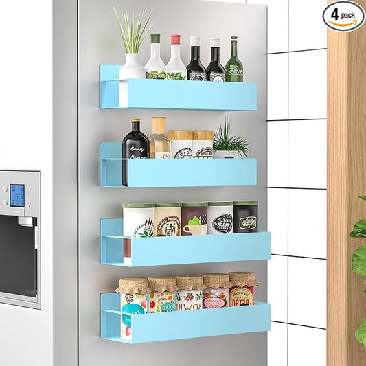 HuggieGems 4 Pack Magnetic Spice Storage Rack Organizer for Refrigerator and Oven, Blue Fridge Organizers and Storage
