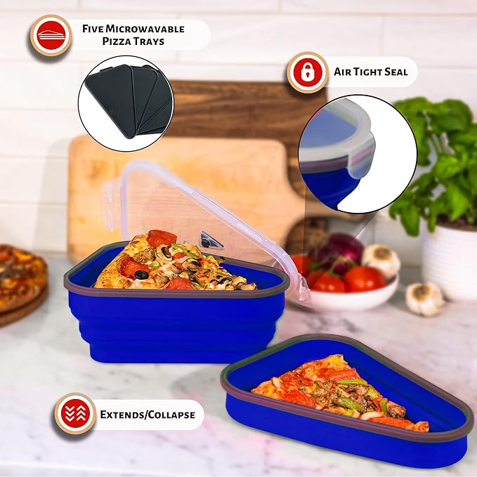 PIZZA PACK The Perfect Reusable Pizza Storage Container with 5 Microwavable Serving Trays - BPA-Free Adjustable Pizza Slice Container to Organize & Save Space, 3 Pack, Blue