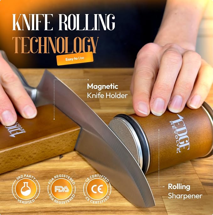 Rolling Knife Sharpener Kit, Magnetic 15° & 20° Angle Guides, Diamond & Ceramic Discs, Manual Rolling Knife Sharpener Tool for Razor-Sharp Kitchen gadgets, Chef & Outdoor Knives (Brown Gold)