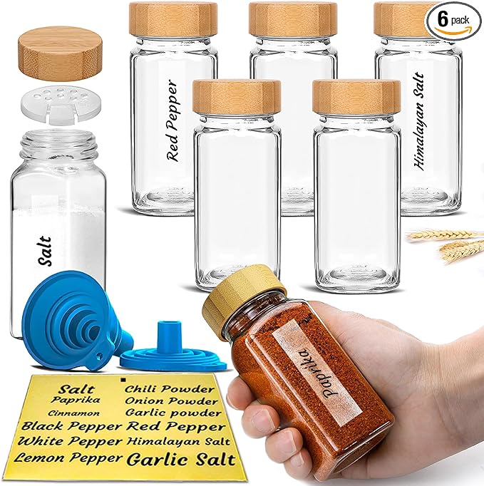 Glass Spice Jars with Bamboo Airtight Lids - (6 Pack) - 4 oz Square Spice Bottles with Shaker Lids - Clear Empty Shaker Seasoning Jars with Preprinted Spice Jars Labels and Collapsible Funnel Included