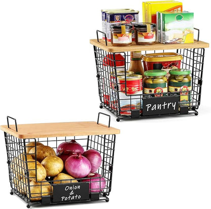 2 Set Large Stackable Wire Basket with Bamboo Tops & Tag- Pantry Organizer and Storage Bins, Kitchen Counter Cabinet Shelf Countertop Under Sink Organizing for Food Snack Produce Onion Potato Bread
