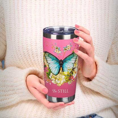 Christian Art Gifts Stainless Steel Double Wall Vacuum Insulated Travel Mug 18 oz Butterfly Pink BPA-free Tumbler with Retractable Lid Inspirational Scripture for Women - Be Still -Psalm 46:10