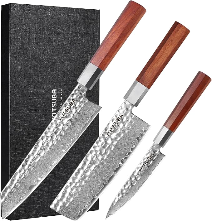 YOTSUBA 3PCS Japanese Damascus kitchen knife set – Ultra Sharp Hand-Forged High Carbon Steel Blades with Genuine Natural Hardwood Handles, Professional Kitchen Knives for Chopping Meat & Vegetables
