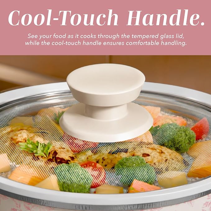 COOK WITH COLOR 2QT Mini Electric Round Slow Cooker - Adjustable Settings, Removable Stoneware Pot, Tempered Glass Lid, Dishwasher Safe, Cool-Touch Side Handles, Floral Pink