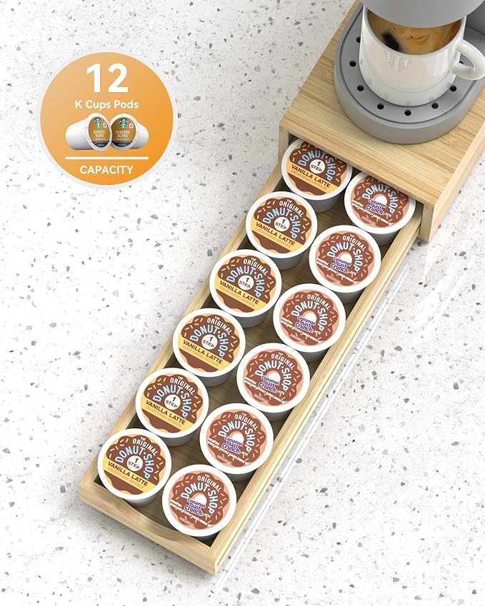 Bamboo Coffee Pod Drawer Organizer Compatible with K-Cups, Under Cabinet Coffee Station Storage Rack, Capsule Holder for 12 Pods, Countertop Coffee Machine Stand, No Assembly Needed