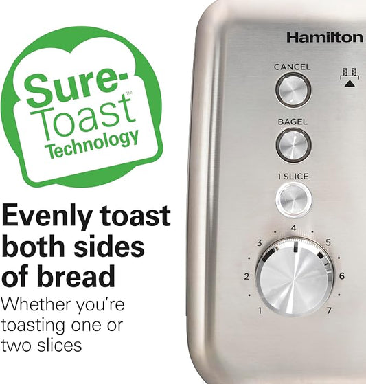 Hamilton Beach Sleek Stainless Steel 2 Slice Toaster, Sure-Toast One-Slice Technology, R22721 (Renewed)