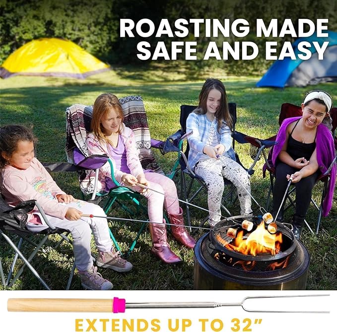 Zulay Kitchen Sturdy Marshmallow Sticks for Fire Pit Extra Long - Smores Sticks Smores Kit - Marshmallow Roasting Skewers - Hot Dog Fork Bonfire Glamping Camping Accessory 32" 8 Pack Bundle