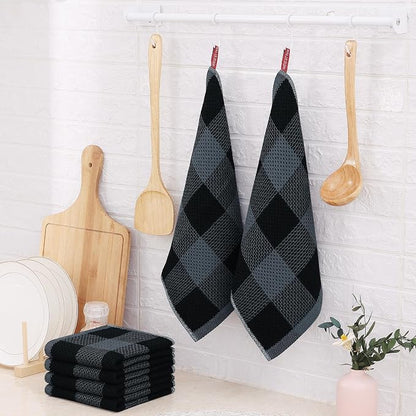 Homaxy 100% Cotton Waffle Weave Check Plaid Dish Cloths, 12 x 12 Inches, Super Soft and Absorbent Dish Towels Quick Drying Dish Rags, 12-Pack, Black & Grey