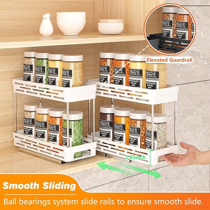 Pull Out Spice Rack Organizer for Cabinet, 2 Pack Slide Out Spice Racks Organizer, Spice Cabinet Organizers, Cabinet Size Need:12'' Highx11'' Deepx5'' Wide,Hold 10 Spice Jar Each Tier-2Tier, White