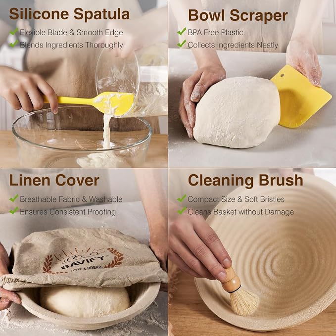 Wood Pulp Banneton Bread Proofing Baskets, 9" Round Sourdough Basket | 2.2LB Capacity, Sourdough Kit with Linen Covers, Dough Whisk, Scraper, Bread Lame & Flour Dredger