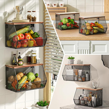 2 Tier Fruit Basket for Kitchen Counter, Stackable Onion and Potato Storage Basket, Wall Mounted Wire Basket with Wood Lid, Hanging Kitchen Storage Vegetable Organizer, 11.8 x 7.1 x 8.6 Inch