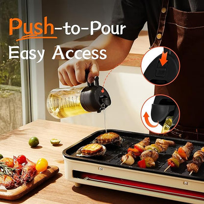 Person pouring oil from a push-to-pour bottle onto skewers on a grill with 'Push-to-Pour' text overlay.