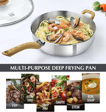 KOCH SYSTEME CS 12 Inch Stainless Steel Saute Pan with Lid, 6 Quart Deep Frying Pan, 18/10 Stainless Steel Saute Pan with Cool-Touch Bakelite Handle, Deep Fry Pan, Induction Ready