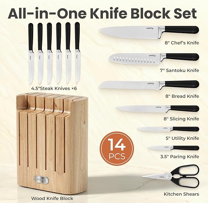 SMIRLY 14-Piece Kitchen Knife Set with Magnetic Block, High Carbon Stainless Steel Chef Knives, Ultra Sharp, Dishwasher Safe, Black