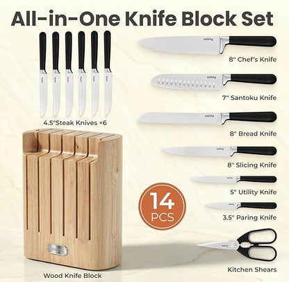 SMIRLY 14-Piece Kitchen Knife Set with Magnetic Block, High Carbon Stainless Steel Chef Knives, Ultra Sharp, Dishwasher Safe, Black