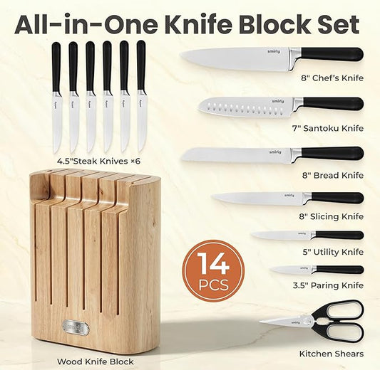 SMIRLY 14-Piece Kitchen Knife Set with Magnetic Block, High Carbon Stainless Steel Chef Knives, Ultra Sharp, Dishwasher Safe, Black