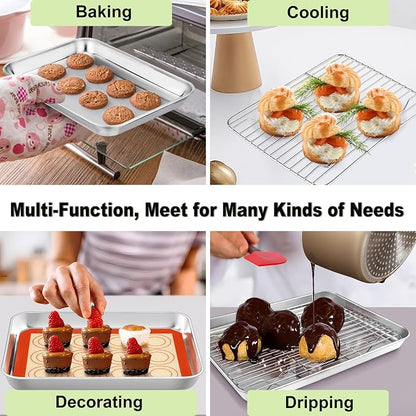 TeamFar Toaster Oven Tray, 10.5’’ x 8’’ x 1’’, Stainless Steel Small Baking Pan Tray Cooling Roasting Rack with Silicone Mat Set for Daily Use, Non-toxic & Sturdy, Oven & Dishwasher Safe, Set of 3
