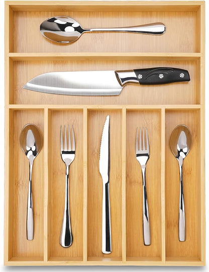 Silverware Organizer Bamboo Kitchen Drawer Organizer Utensil Organizer Silverware Holder Cutlery Organizer in drawer Flatware Organizer Tray (Natural 7 Slots)