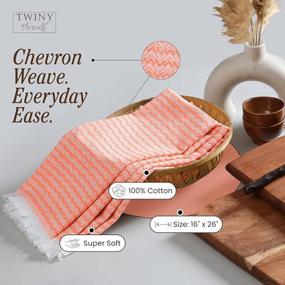 TWINY threads Kitchen Dish Towel Chevron Design, Premium Large 100% Cotton Kitchen Linen Set, Dish Rags for Drying Dishes, Absorbent Quick Drying Wash Rags, Pack of 4, 16 x 26 Inch, Orange
