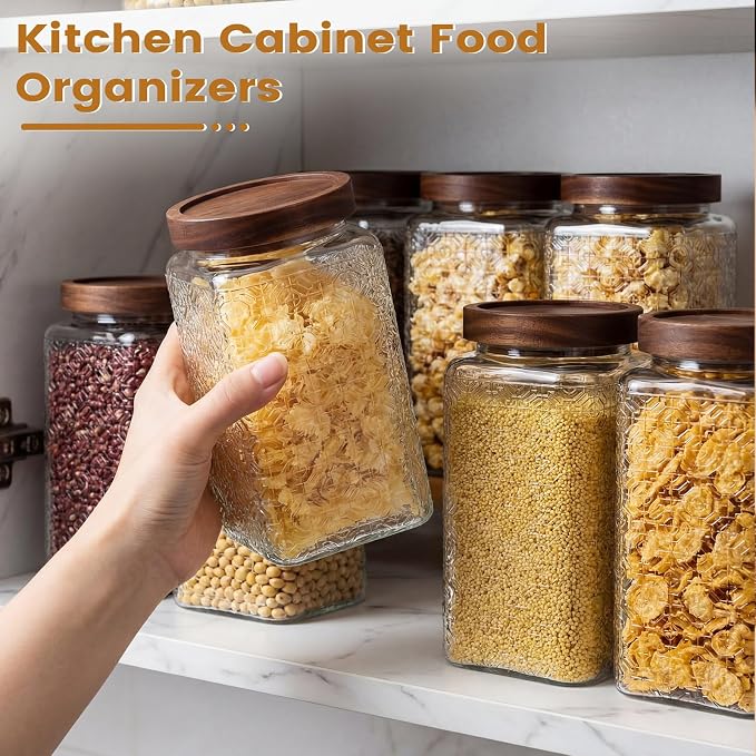 Domensi 6 Pack Vintage Glass Jars with Lids Airtight Food Storage Containers 34 oz Acacia Wood Mason Jar Lids Airtight Pantry Containers for Kitchen Countertop Tea Coffee Spices and Snacks