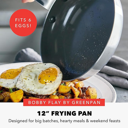 GreenPan x Bobby Flay Stainless Steel 12” Frying Pan Skillet & Glass Lid, Professional Grade Tri-Ply, Multiclad, PFAS-Free Ceramic Nonstick, Induction Suitable, Dishwasher & Oven Safe,Stay Cool Handle
