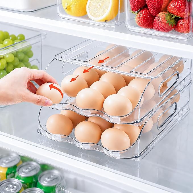 SMRCAD Egg Holder for Fridge, Automatic Steady Rolling Egg Dispenser with Silicone Bumpers & Handle for Refrigerator, Large Capacity Egg Organizer with Lid