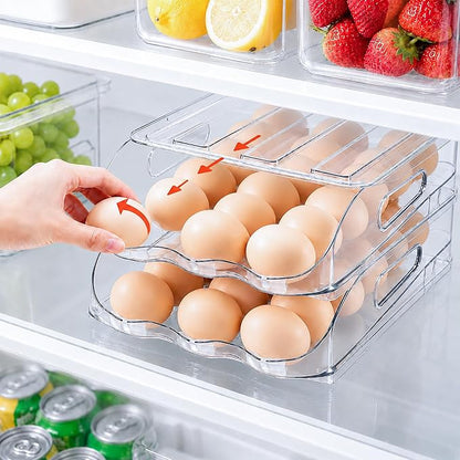 SMRCAD Egg Holder for Fridge, Automatic Steady Rolling Egg Dispenser with Silicone Bumpers & Handle for Refrigerator, Large Capacity Egg Organizer with Lid