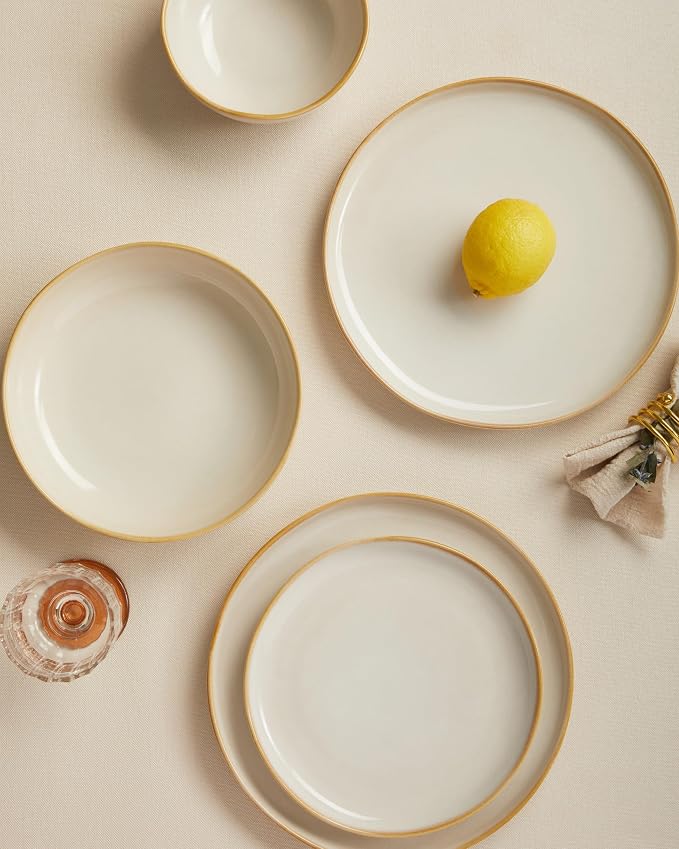 Pokini Large Holiday Dinnerware Sets for 8, Ceramic Plates and Bowls Set, Kitchen Dish Set, Microwave & Dishwasher Safe Dishware, Perfect for Christmas & Thanksgiving, Yellow White