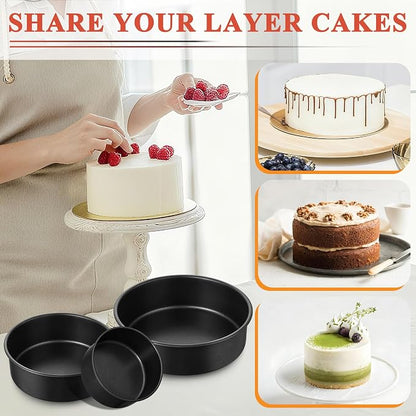 E-far Nonstick Cake Pan Set of 3, 5/7/9 Inch Stainless Steel Baking Pans Tins, Round Bakeware for Layer Cakes, Stainless Steel Core & Non-Toxic Coating, Straight Side & 2 Inch Deep