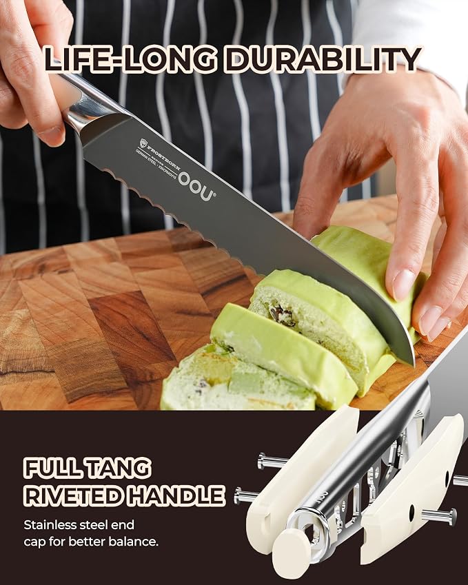 OOU 8 Inch Bread Knife, German 1.4116 Stainless Steel Kitchen Knife, Gunmetal Blade with AgShield & TinSharp Finish, Balanced ABS Handle, Serrated Bread Knife for Clean, Controlled Slicing
