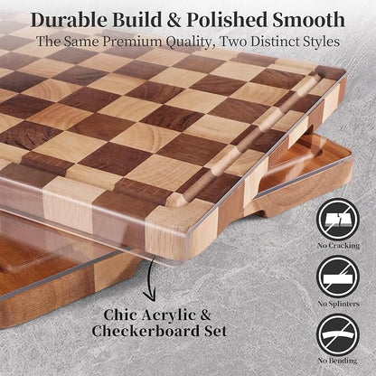 Checkered Cutting Board and Acrylic Cutting Board Set, 2 PCS Cutting Boards for Kitchen, Checkerboard Wood End Grain Chopping Board with Juice Groove & Acrylic Cooking Board with Counter Lip