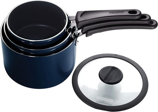 Tramontina Aluminum Non Stick 6-Piece Nesting Sauce Pan Set with Lids - Naval, Kitchen Nonstick Cookware Set, Dishwasher and Oven Safe