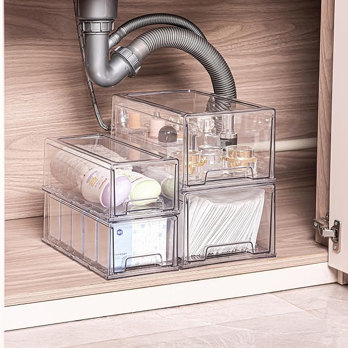 Clear Acrylic Stackable Storage Drawers, Plastic Refrigerator Organizer Bins with Handles for Undersink, Cabinet, Fridge, Closet, Pantry, Office, Bathroom, Kitchen(2 Pack)