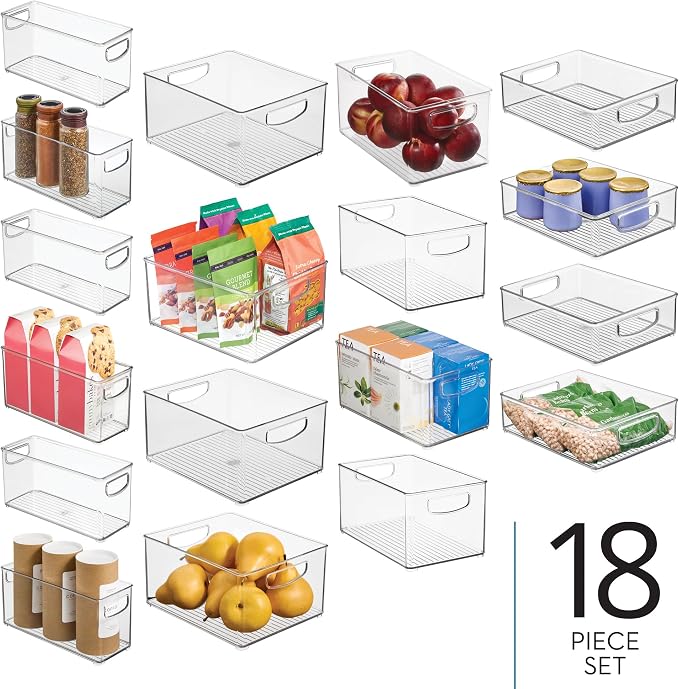 iDesign Stackable Plastic Handle Bin Assortment Set - Storage Organizers for Kitchen, Fridge, Pantry, Home -18 Pack, Clear | Cabinet Organization, Container, BPA-Free