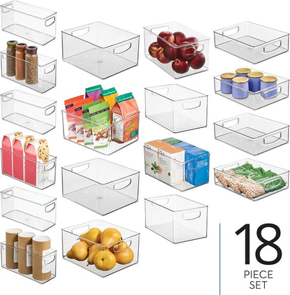 iDesign Stackable Plastic Handle Bin Assortment Set - Storage Organizers for Kitchen, Fridge, Pantry, Home -18 Pack, Clear | Cabinet Organization, Container, BPA-Free