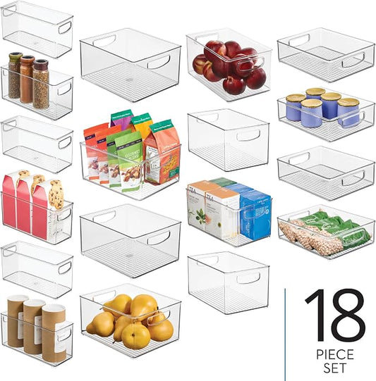 iDesign Stackable Plastic Handle Bin Assortment Set - Storage Organizers for Kitchen, Fridge, Pantry, Home -18 Pack, Clear | Cabinet Organization, Container, BPA-Free