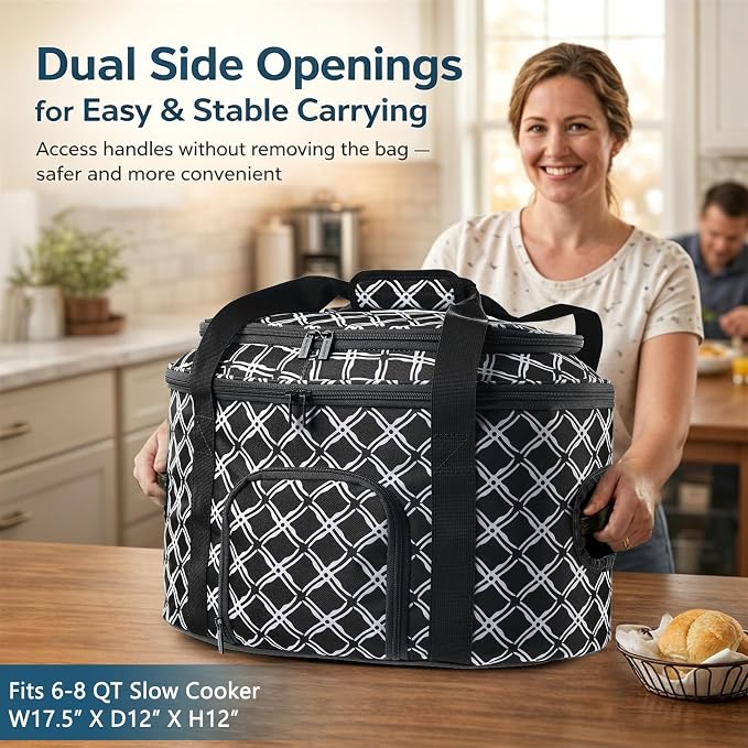 BAGSPRITE Double-layer Slow Cooker Carrying Case for Crock Pot 6-8 Quart, Insulated Crockpot Carrier with Adjustable Lid Straps,Portable Slow Cooker Travel Bag for Potluck, Parties, Family Gatherings
